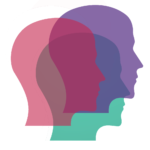 Three overlapping silhouettes of the human head; one is pink, one is lavender, and one is turqoise.
